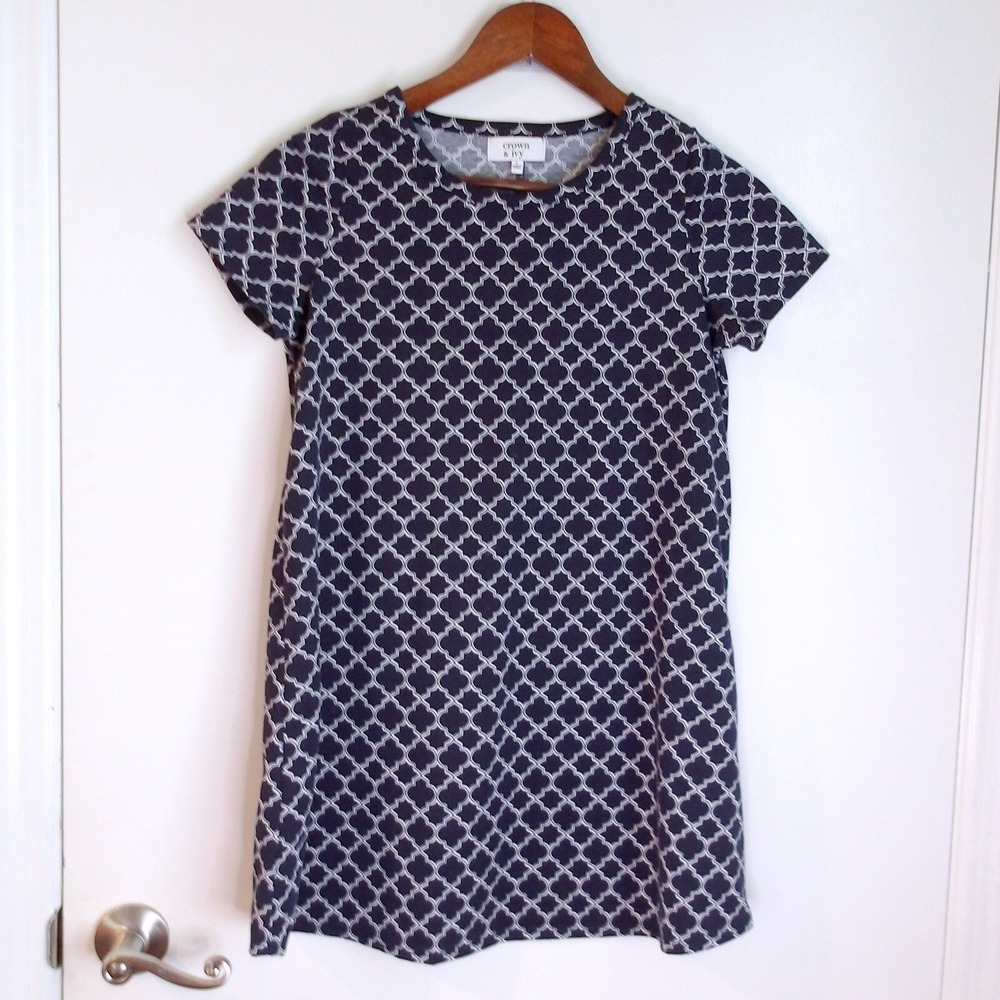 Crown & Ivy Navy Geometric Print Short Sleeve Casual Dress Kids Sz L / #6177